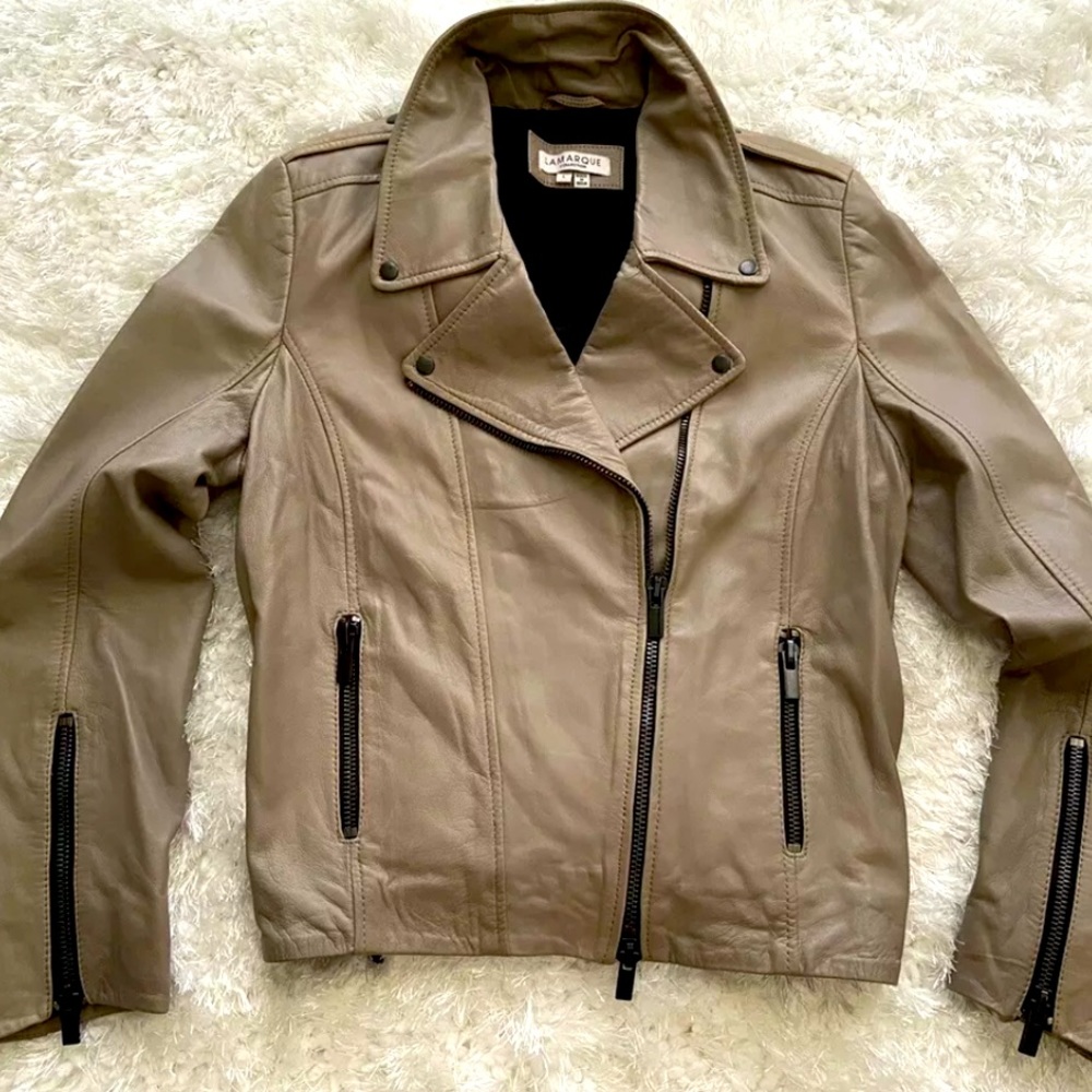 LAMARQUE Leather Biker Designer Rare Moto Crop Tan Zipper Jacket $595 Designer L